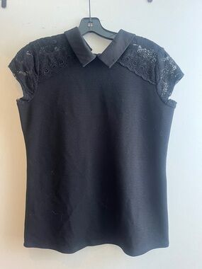 Karl Lagerfeld Black Lace Cap-Sleeve Collar Blouse